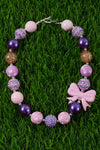 PURPLE TONE BUBBLE GUM BEAD NECKLACE W/BOW SIDE PENDANT . 3PCS/$15.00 ACG25153065