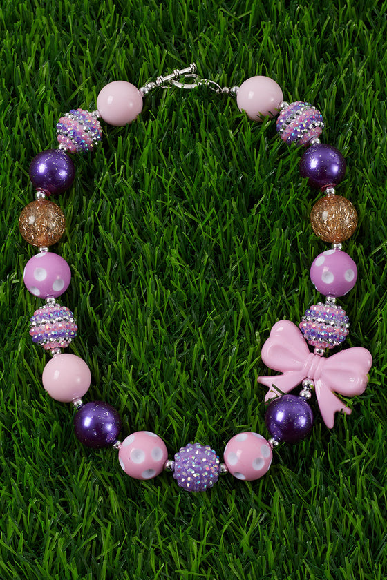 PURPLE TONE BUBBLE GUM BEAD NECKLACE W/BOW SIDE PENDANT . 3PCS/$15.00 ACG25153065