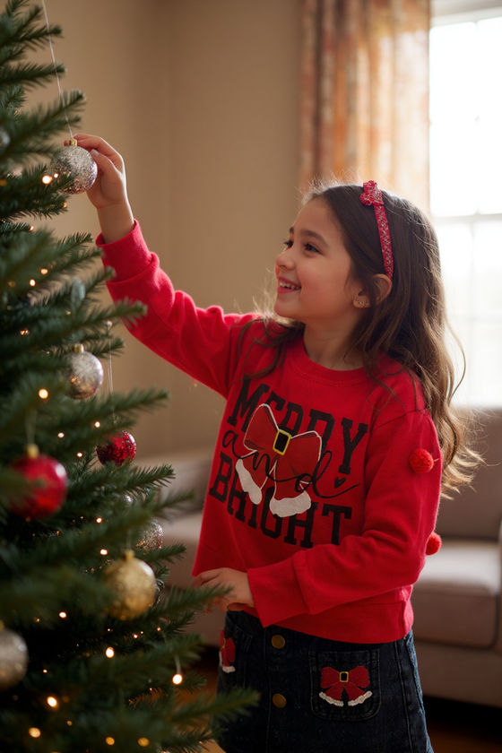 "Merry & Bright" Red pom pom sleeve sweatshirt & denim skirt. OFG51241 JEAN