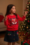 "Merry & Bright" Red pom pom sleeve sweatshirt & denim skirt. OFG51241 JEAN