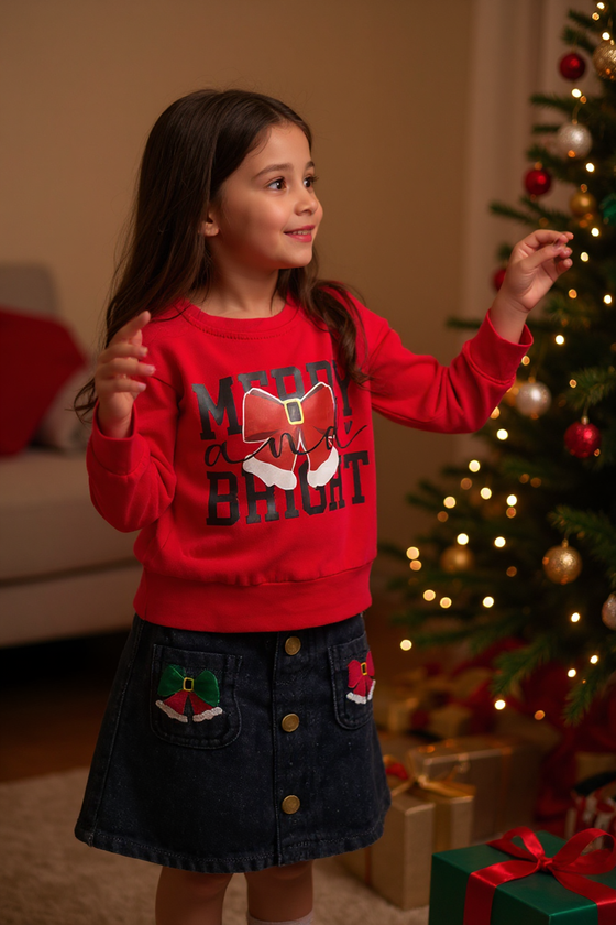 "Merry & Bright" Red pom pom sleeve sweatshirt & denim skirt. OFG51241 JEAN