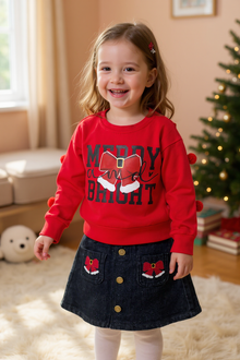  "Merry & Bright" Red pom pom sleeve sweatshirt & denim skirt. OFG51241 JEAN