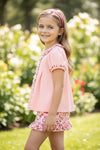 Lt. Coral w/embroidered apples & bows tunic & floral shorts. OFG60547 SOL