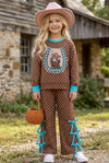 Brown & tan checkered girls 2 piece set. OFG61136 AMY