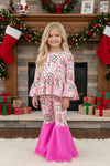 Pink Christmas character printed tunic and bell bottoms with fur. OFG61208 AMY
