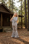 Gray duck & bow printed sweatshirt and camouflage bell bottoms. OFG61394 SOL