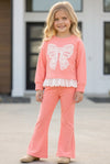 Lt. Coral Cream lace bow and ruffle hem and coral pants. OFG61397 SOL