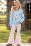 Lt. Blue Sweatshirt with boots applique and floral bell bottoms. OFG61398 MOn