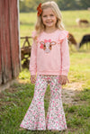 Cow applique on pink sweatshirt with floral bell bottoms. OFG61399 AMY