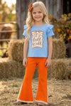 Fall Y'all" Blue ruffle top and orange pants with ivory lace hem. OFG61411 JEAN