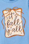 Fall Y'all" Blue ruffle top and orange pants with ivory lace hem. OFG61411 JEAN