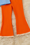 Fall Y'all" Blue ruffle top and orange pants with ivory lace hem. OFG61411 JEAN