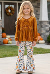 Golden brown velvety long sleeve top and floral bottoms. OFG61421 MON