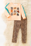Western Christmas printed top with ruffle trim on sleeves and leopard leggings. OFG61534 AMY