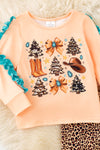 Western Christmas printed top with ruffle trim on sleeves and leopard leggings. OFG61534 AMY