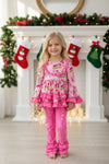 Pink cheetah christmas character printed girls 2 piece set. OFG61536 MON