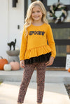 Mustard Spooky applique ruffle top & animal printed leggings. OFG61730 SOL