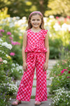 Hot pink & Lt.Pink checkered printed ruffle top & straight cut pants. OFG61873 SOL