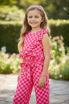 Hot pink & Lt.Pink checkered printed ruffle top & straight cut pants. OFG61873 SOL