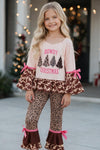 "Howdy Christmas" Cream top with cow printed bell sleeved and animal printed pants. OFG61882 MON