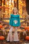 Teal tunic w/ turkey applique and floral bell bottoms. OFG61938 MON