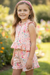 Pink floral printed top & shorts with ruffle hem. OFG62054 JEAN