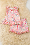 Pink floral printed top & shorts with ruffle hem. OFG62054 JEAN