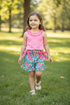 Pink ruffle top & tropical printed shorts.  OFG62057 SOL