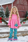 Pink tunic w/ floral christmas tree applique on the size and floral pants. OFG62374 AMY