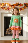 Green polka dot pumpkin applique tunic and bottoms. OFG62630 MO