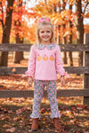 Pink long sleeve top with a bow on sleeves and floral pants. OFG62818 MON