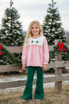 Pink bow & Christmas tree embroidered on tunic and green pants. OFG63020 SOL