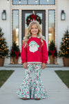 Red Santa applique top and multi-printed bell bottoms. OFG63021 MON