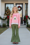 Embroidered bow and Christmas tree on the top and olive green bottoms. OFG63022 AMY