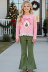 Embroidered bow and Christmas tree on the top and olive green bottoms. OFG63022 AMY