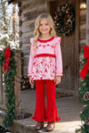 Pink & red ruffle trim santa printed tunic and red bottoms. OFG63023 SOL