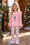 Christmas tree printed on a pink top and bottoms. OFG63044 AMY