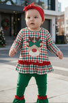 Plaid & Reindeer applique tunic with ruffle hem and green pants.  OFG63333 SOL