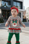 Plaid & Reindeer applique tunic with ruffle hem and green pants.  OFG63333 SOL