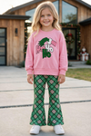Pink long sleeve Christmas applique top and green plaid bottoms. OFG63352 SOL