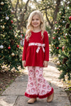 Red tunic with Santa printed band and bell bottoms. OFG63382 AMY