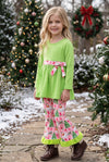 Lime green Santa & Christmas tree printed top & bottoms. OFG63383 BRE