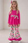 Fuchsia tunic with Christmas character bell bottoms with faux fur hem. OFG63384 BRE