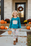 Teal tunic with pumpkin applique and floral leggings. OFG63393 SOL