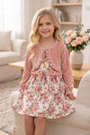 Blush floral girls dress with front bows and faux velvety cardigan. OFG70081 BRE