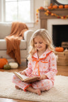 Pumpkin printed pajamas with sating front bow. PJG60442 AMY
