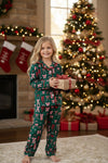 Pink and red bow printed on green pajamas set. PJG60496 SOL