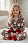Cheetah printed girls pajamas with red fur hem on trim. PJG60522 SOL