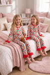 Multi-Printed girls pajamas with red ruffle hem. PJG60528 AMY