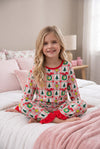 Multi-Printed girls pajamas with red ruffle hem. PJG60528 AMY